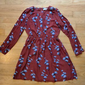 Loft Fit and Flare Long Sleeved Red Dress with Blue Floral Print